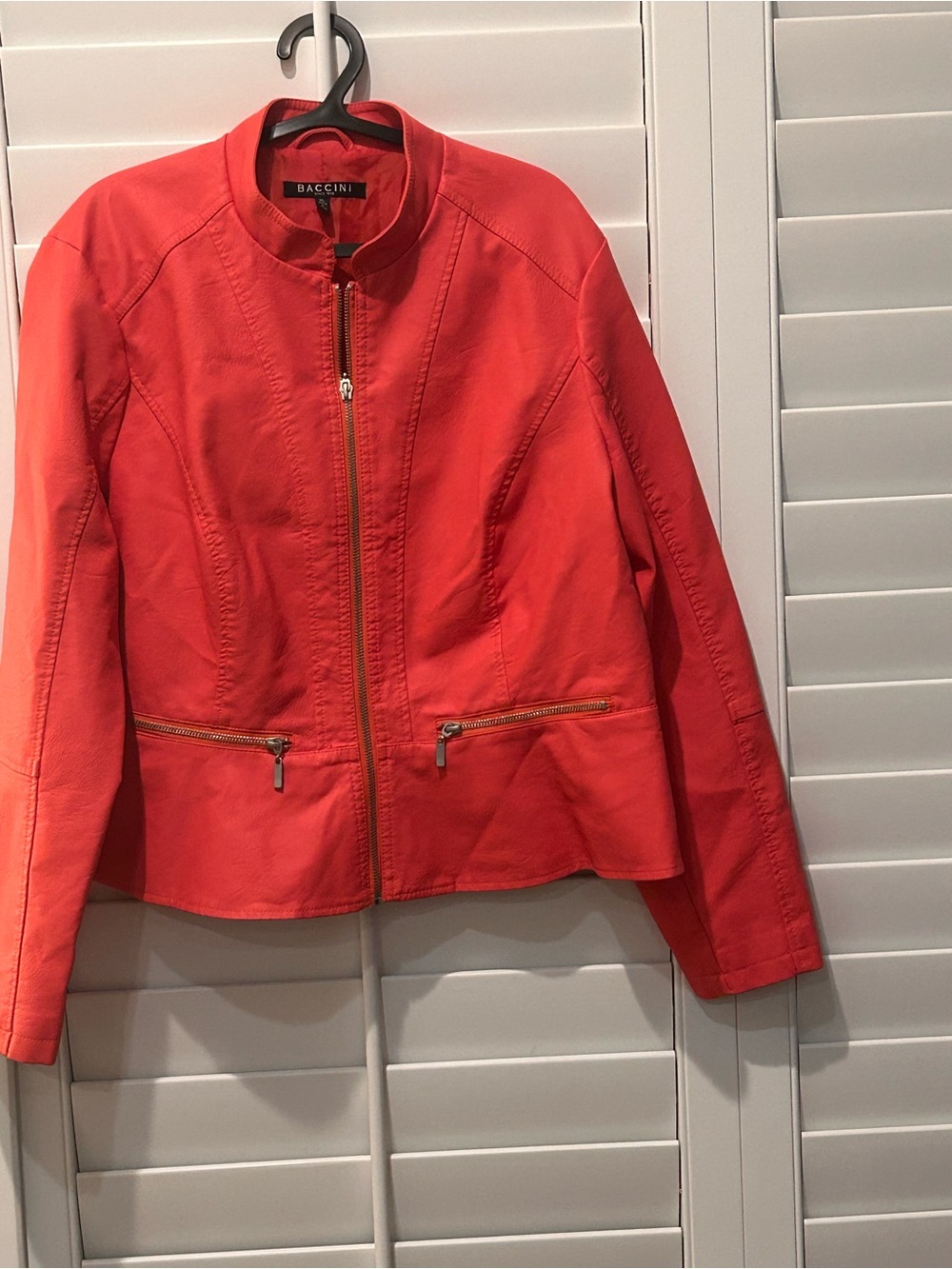 Baccini Women’s Coral-Red Zip Front Leather Jacket